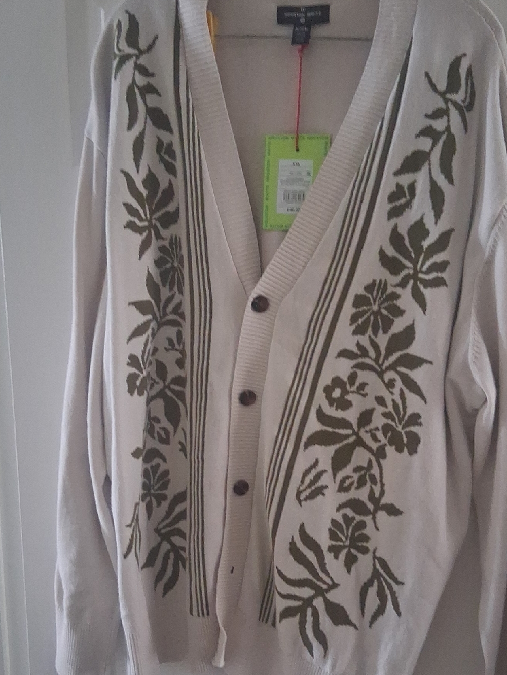 Houston White Men's Cream V-Neck Cardigan Sweater with Olive Floral Pattern XXL